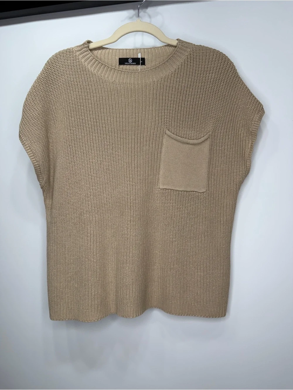LILLUSORY 100% Cotton Sweater Top Large Beige Knit Sleeveless With Pocket - Picture 2 of 10